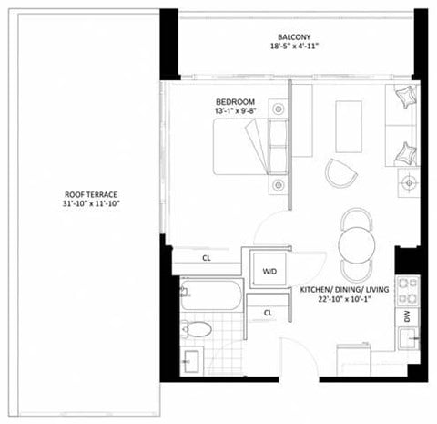 Floor plan for 1 bed, 1 bath, 496 sqft